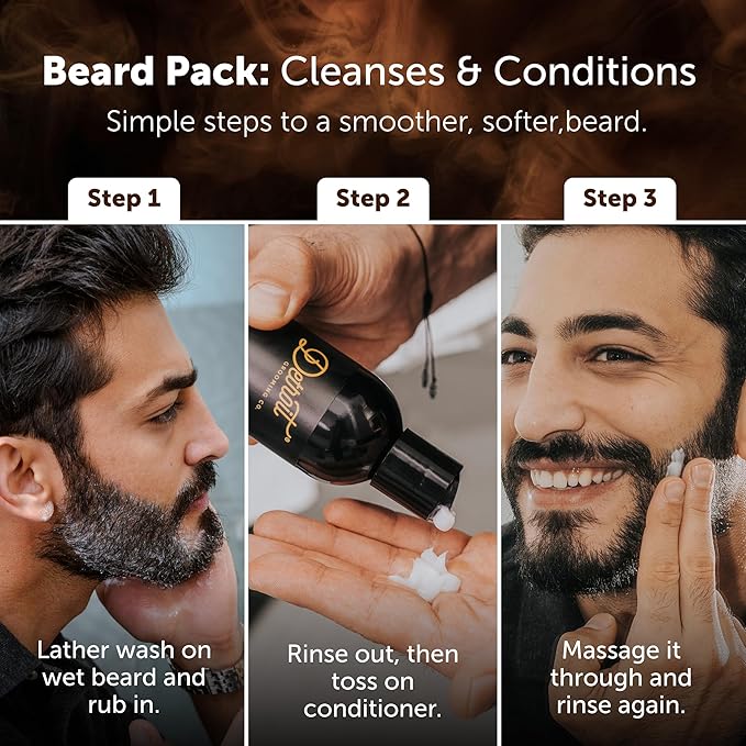 Detroit Grooming Co. Beard Wash and Beard Conditioner - Men's Kit - Softens, Strengthens, Moisturize, Infused w/Argan Oil, Apple Extract, & Aloe Vera - Cedarwood & Amber Scent - Black-8oz