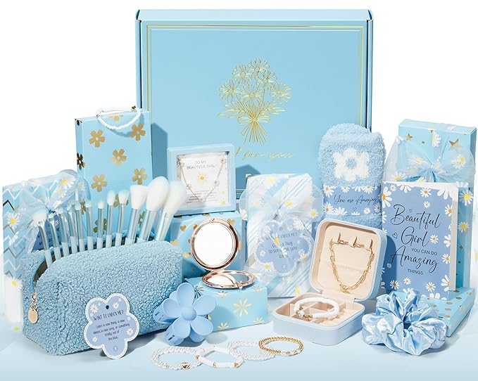 Valentines Day Gifts for Tween & Teen Girls - 8 PCS Birthday Gift Basket Teenage Girl Gifts Trendy Stuff w/ Fun Task Tags Makeup Brushes & Bag, Empower Positive Wrapped Gift Box for Daughter Niece