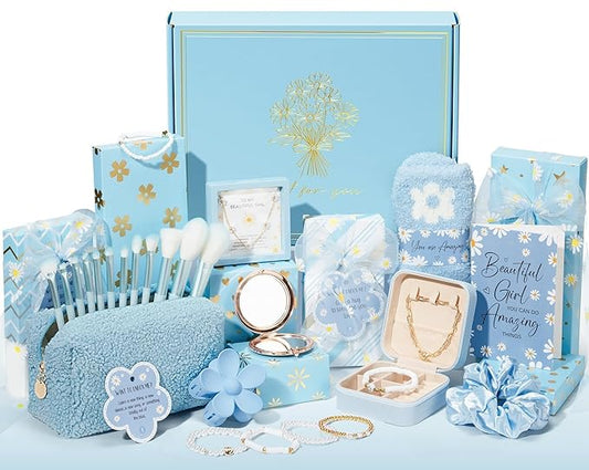 Valentines Day Gifts for Tween & Teen Girls - 8 PCS Birthday Gift Basket Teenage Girl Gifts Trendy Stuff w/ Fun Task Tags Makeup Brushes & Bag, Empower Positive Wrapped Gift Box for Daughter Niece