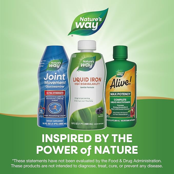 Nature's Way Liquid Iron, 100% Daily Value, 18 mg Iron as Ferric Glycinate per Serving, No Sugar Added, Berry Flavored, 16 Fl Oz (Packaging May Vary)