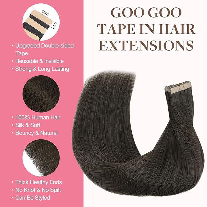GOO GOO Tape in Hair Extensions Human Hair, 1C Mocha Brown, 18inch 50g 20pcs, Skin Weft Seamless Invisible, Silky Straight with Thick Ends, Remy Human Hair