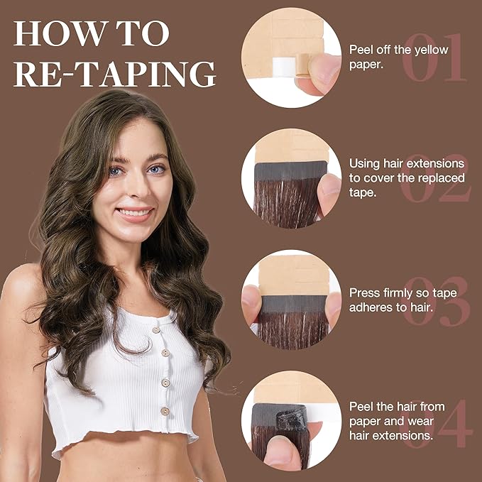 GOO GOO Tape in Hair Extensions Human Hair, 2/6 Dark Brown Highlighted Chestnut Brown, 24inch 30g 10pcs, Skin Weft Seamless Invisible, Silky Straight with Thick Ends, Remy Human Hair