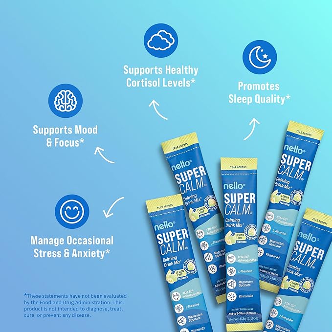 Nello Supercalm Powdered Drink Mix, Cortisol Reducer* and Sleep Aid Supplement, L Theanine, Ksm-66 Ashwagandha, Magnesium Glycinate, Vitamin D 3, No Sugar, Non GMO, On The Go, 20 Ct, Lemon Lime