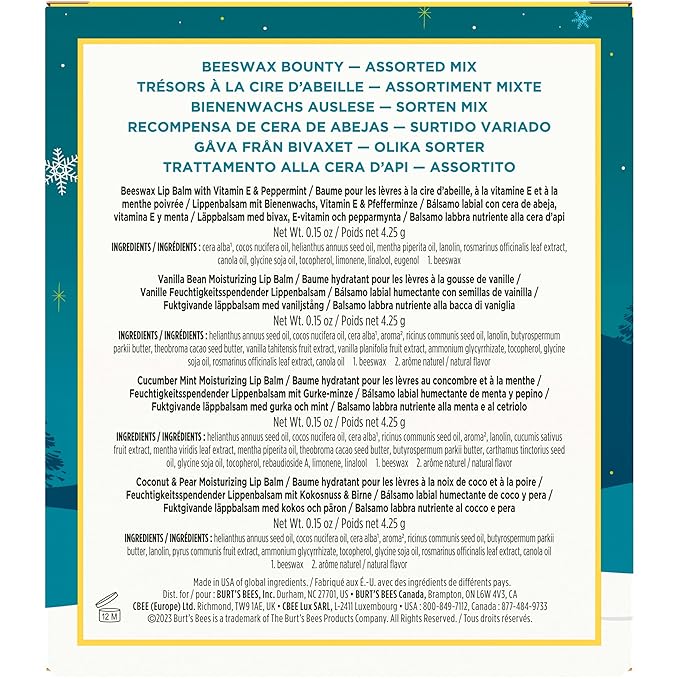 Burt's Bees Christmas Gifts, 4 Lip Balm Stocking Stuffers Products, Assorted Mix Set - Classic Beeswax, Vanilla, Cucumber Mint & Coconut and Pear (Pack of 4)