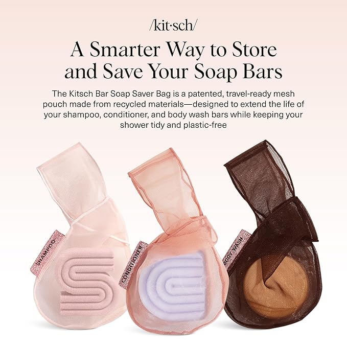 Kitsch Bar Soap Saver Bag – Patented Mesh Bag Soap Holder for Shampoo, Conditioner & Body Wash Bar - Extends Use & Prevents Soggy Mess - Recycled Mesh Pouch - Blush, Terracotta & Chocolate, 3pc Set