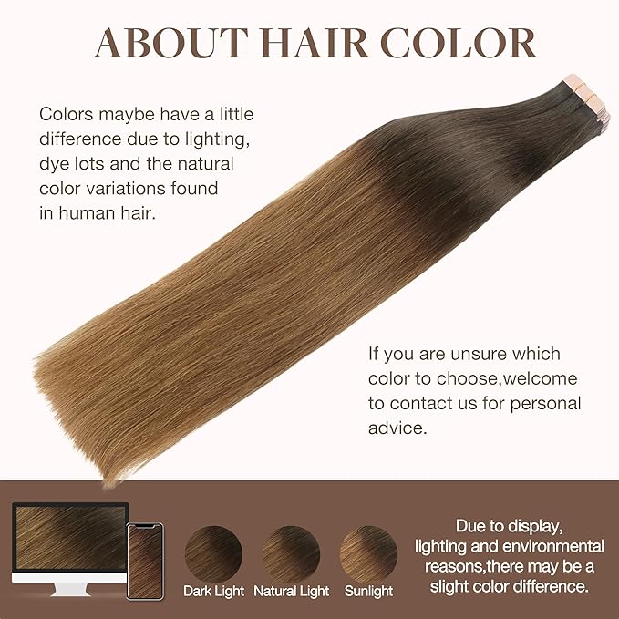 GOO GOO Tape in Hair Extensions Human Hair, 1D/2C/4E Chocolate Dip Color Melt, 14inch 50g 20pcs, Skin Weft Seamless Invisible, Silky Straight with Thick Ends, Remy Human Hair