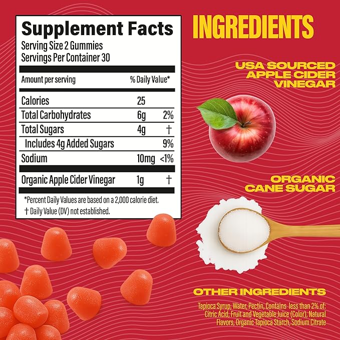 BUBS Naturals Apple Cider Vinegar Gummies with The Mother, All Natural Vegan ACV Gummy Vitamins, Supports Detox, Digestion & Energy Booster with B Vitamins, 60 Count