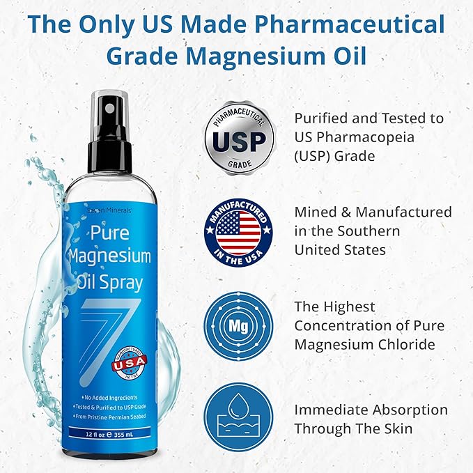 Seven Minerals Pure Magnesium Oil Spray, Big 12oz, USP Grade, Extra Strength, for Feet, Sleep, Muscle Pain & Cramps - Mined in The USA