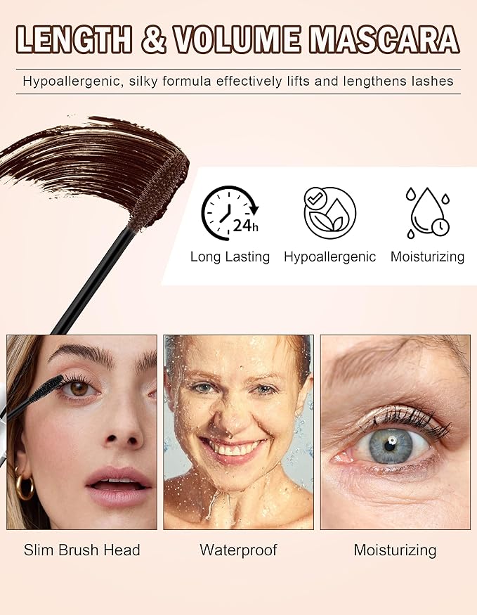 2PCS Mascara for Older Women 60 Plus and Eye Liner Pencils Makeup Set, Mascara Volume and Length Waterproof, Hypoallergenic for Sensitive Eyes, Smudge Proof Long Lasting #Dark