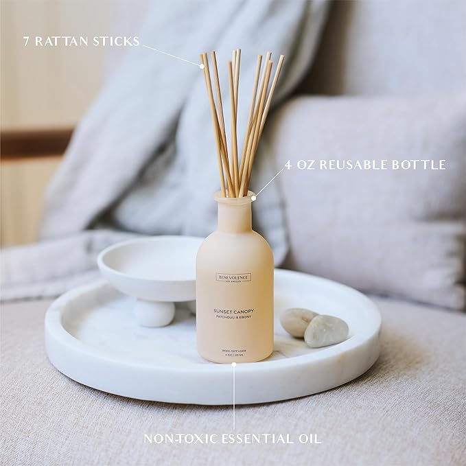 Benevolence LA Reed Diffuser for Home | Patchouli & Ebony | Elegant Home & Bathroom Decor | Long-Lasting Oil Diffuser Sticks | Malibu Sands Collection