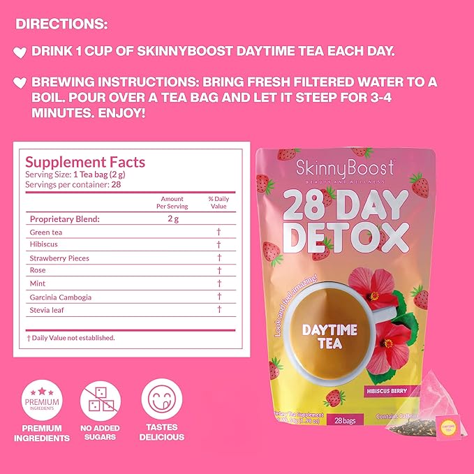 Skinny Boost Detox Tea Kit Slimming Tea for Weight, Metabolism, Energy, Bloating & Colon Cleanse – Green Tea, Herbal, Vegan, Keto, Non-GMO, Sugar-Free-2 PACK –1 Daytime Hibiscus (28 Bags) + 1 Evening Apple -(14 Bags)