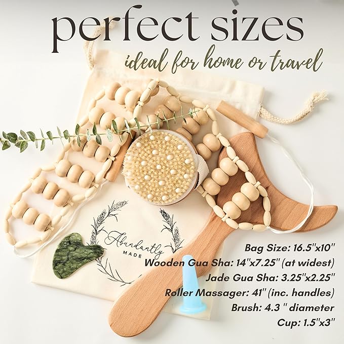 Abundantly Made Co. 6-Piece Lymphatic Drainage Massage Kit | Dry Brush, Wooden Paddle, Rope Roller, Jade Gua Sha, Silicone Cup, Linen Bag & E-Book | Wood Therapy, Maderoterapia & Body Sculpting Tools