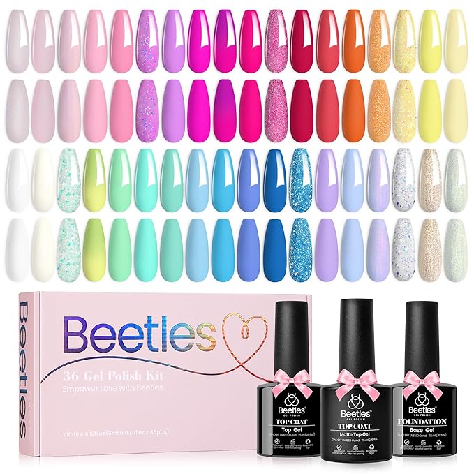 beetles Gel Nail Polish Set - 39Pcs Spring Gel Polish Pink Red Blue Purple Color Polish with Base Top Coat Soak off Uv LED Lamp Colorful Candies Manicure Kit Salon DIY Home Gifts for Women Girls
