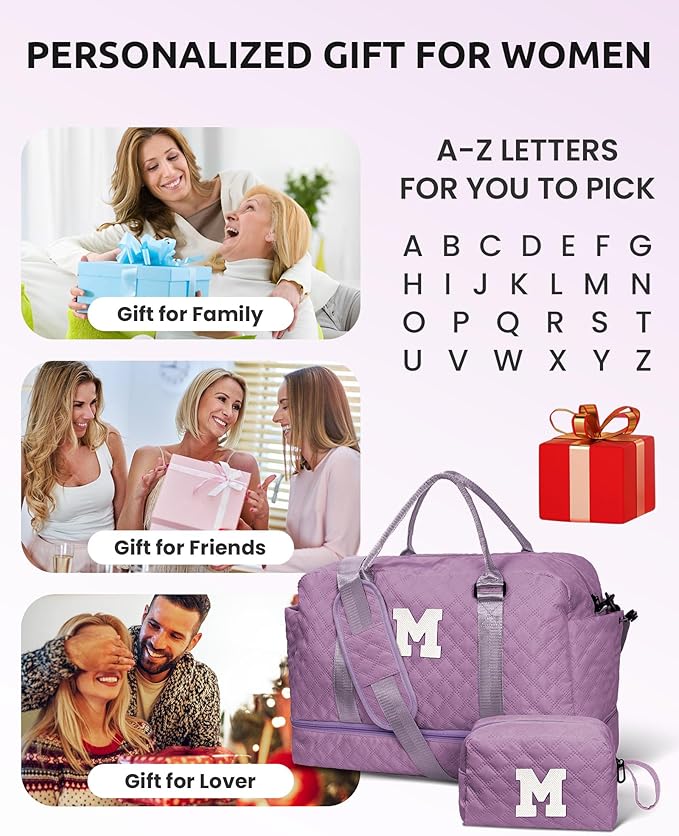 Personalized Gifts-Girls Duffle With Shoe Compartment, Personalized Weekender, Monogram Overnight Bag, Letter Travel With Makeup Bag, Birthday Gift For Women Girl (Letter L)