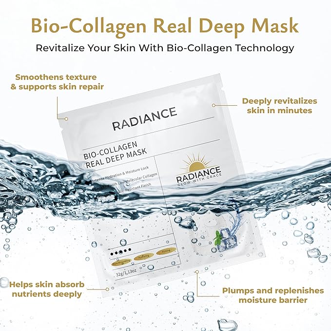 Radiance Bio Collagen Real Deep Mask - Hydrating Collagen Face Mask with Hyaluronic Acid, Amino Acids, Red Algae - Deep Moisture, Barrier Support for Supple, Plump, Dewy, Glowing Radiant Skin - 4-Pack