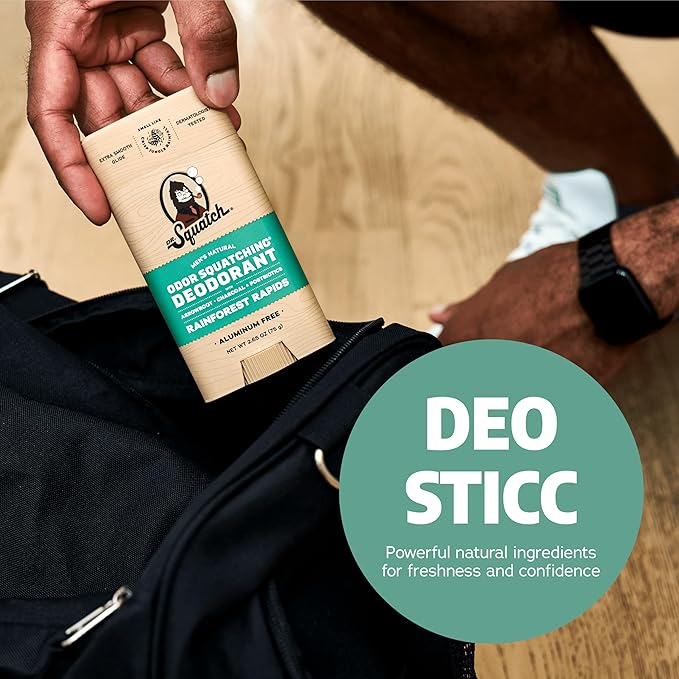 Dr. Squatch Natural Men’s Deodorant – Aluminum Free Natural Deodorant Men with Charcoal & Postbiotics for 72-Hour Odor Protection – Rainforest Rapids, 2.65oz Stick (3-Pack)