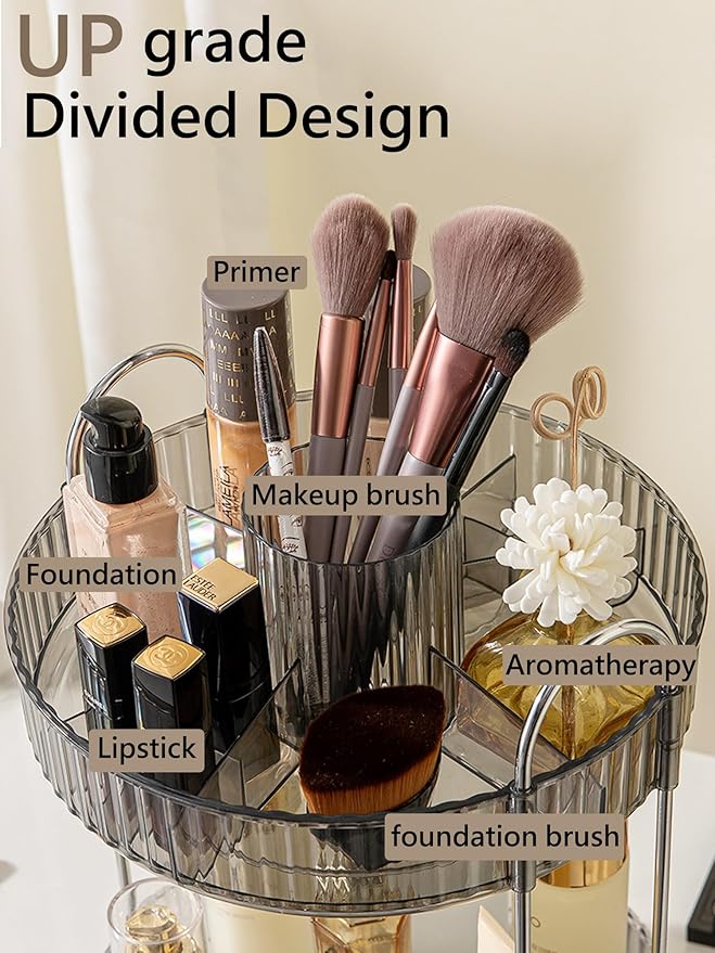 360 Rotating Makeup Organizer,2 Tier Large Capacity Make Up Organizers and Storage,Skincare Perfume Vanity Organizers,Bathroom Cosmetics Storage Organizer Countertop(Grey)