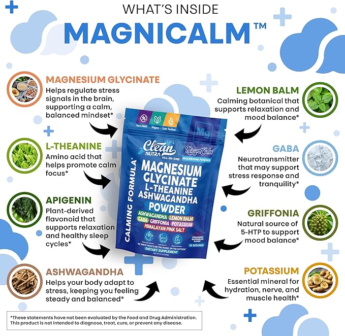 Magnesium Glycinate Powder Supplement + L Theanine Ashwagandha Glycine Apigenin Lemon Balm GABA 5HTP Pink Salt Potassium L Tryptophan Calcium | Powdered Sleep Aid Calm Trace Minerals Vitamin