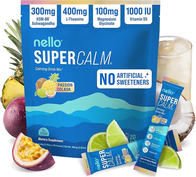 Nello Supercalm Powdered Drink Mix, Cortisol Reducer* and Sleep Aid Supplement, L Theanine, Ksm-66 Ashwagandha, Magnesium Glycinate, Vitamin D 3, No Sugar, Non GMO, On The Go, 20 Ct, Passion Colada