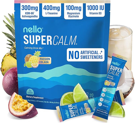 Nello Supercalm Powdered Drink Mix, Cortisol Reducer* and Sleep Aid Supplement, L Theanine, Ksm-66 Ashwagandha, Magnesium Glycinate, Vitamin D 3, No Sugar, Non GMO, On The Go, 20 Ct, Passion Colada