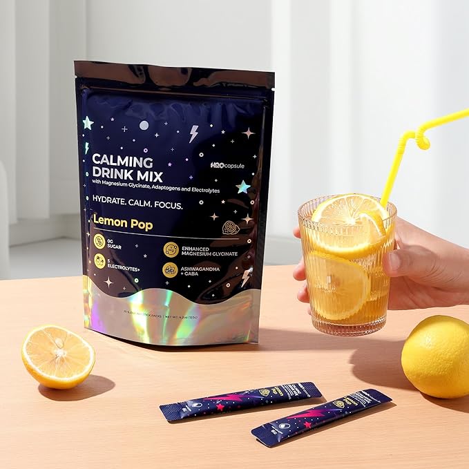 Calm Magnesium Glycinate Powdered Drink Mix with Electrolytes – Sugar Free with Ashwagandha, L-Theanine, Vitamin B 6& GABA – Cortisol Support, Stress Relief, Hydration & Focus - 20 servings (Lemon)