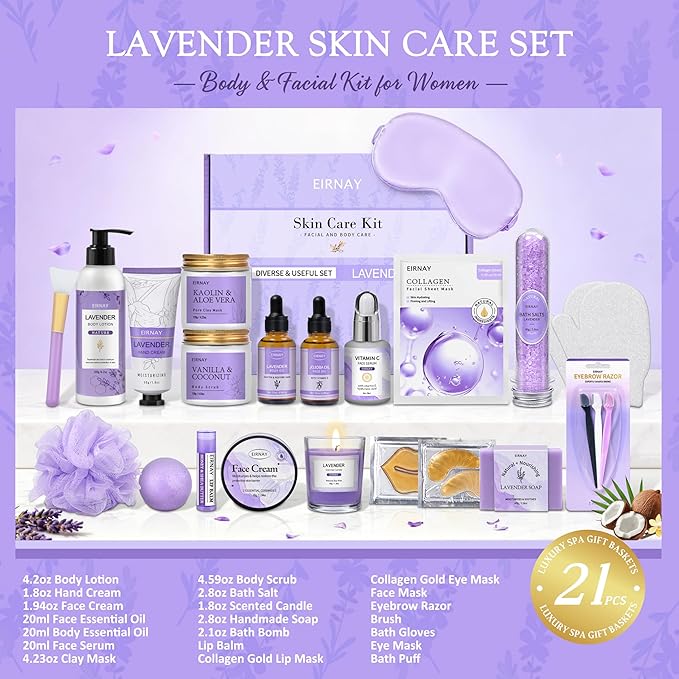 Valentines Day Gifts for Women, Spa Gifts Basket for Women, 21pcs Lavender Bath and Body Gift Basket, Self Care Gifts, Facial Skin Care Set, Birthday Gifts for Mom, Wife, Girlfriend, Sister