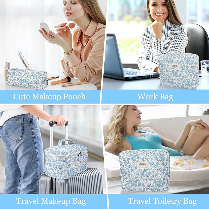 Makeup Bag, Large Quilted Cosmetic Bag, Big Floral Make Up Bag for Women Girls, Cute Cotton Makeup Bag Set, Flower Travel Toiletry Organizer Bag (Blue Flower)