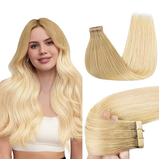 GOO GOO Tape in Hair Extensions Human Hair, O7/60F Ombre Ash Blonde with Frosted Highlights, 14inch 50g 20pcs, Skin Weft Seamless Invisible, Silky Straight with Thick Ends, Remy Human Hair