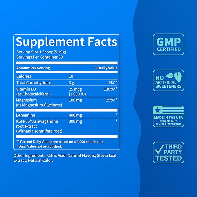 Nello Supercalm Powdered Drink Mix Tub, Cortisol Reducer* and Sleep Aid Supplement, L Theanine, Ksm-66 Ashwagandha, Magnesium Glycinate, Vitamin D 3, No Sugar, Non GMO, 30 Ct, BlackBerry Basil
