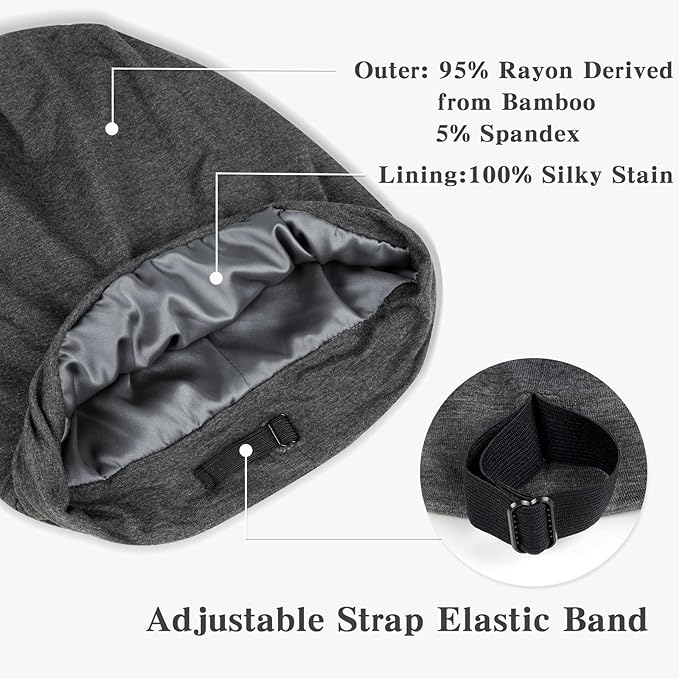 Fittia Satin Hair Bonnet for Sleeping, Silky No Frizzy for Curls Care, Adjustable Strap for Non-Slip, Dreadlocks Cap for Women&Men Grey