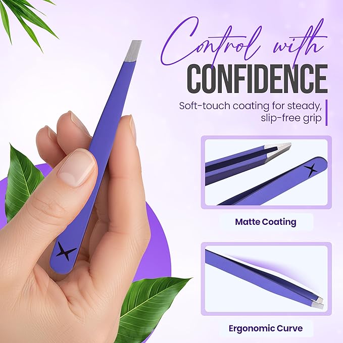 Stainless Steel Mini Slant Tweezer - Professional Precision Eyebrow Tweezers for Women & Men, Rust-Proof Travel Grooming Tool for Facial Hair Removal, Chin Hair & Ingrowns (Purple)