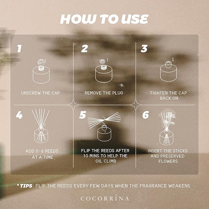 COCORRÍNA Reed Diffuser - White Jasmine 6.7 Fl.oz Reed Diffuser Set with Sticks & Preserved Baby's Breath, Reed Diffuser for Home Bathroom Shelf Decor