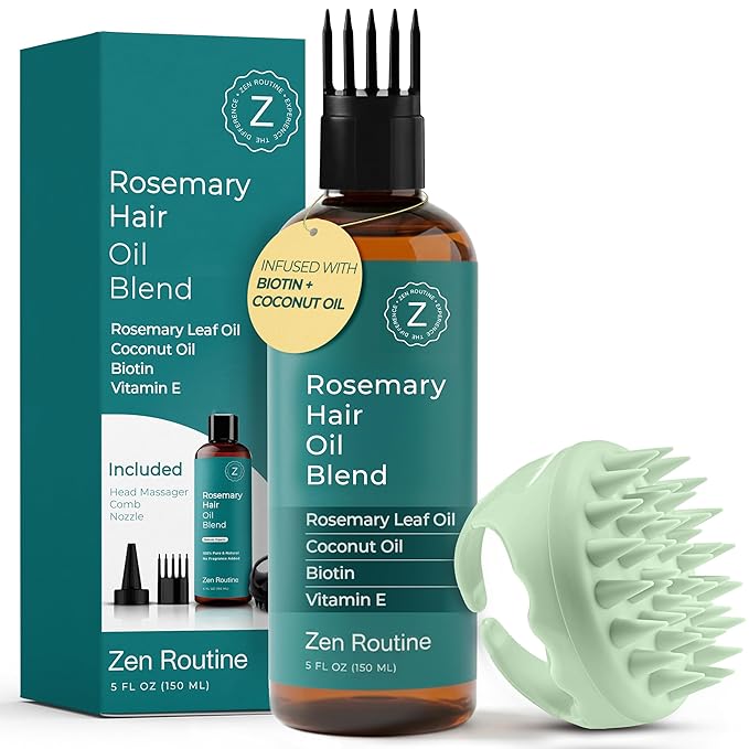 Rosemary Oil for Hair Growth + Head Massager Set | Strengthening Biotin + Coconut Oil – Hair Thickening Serum – Dry, Frizzy, Split Ends & Damaged Scalp Treatment – Color Safe, All Hair Types