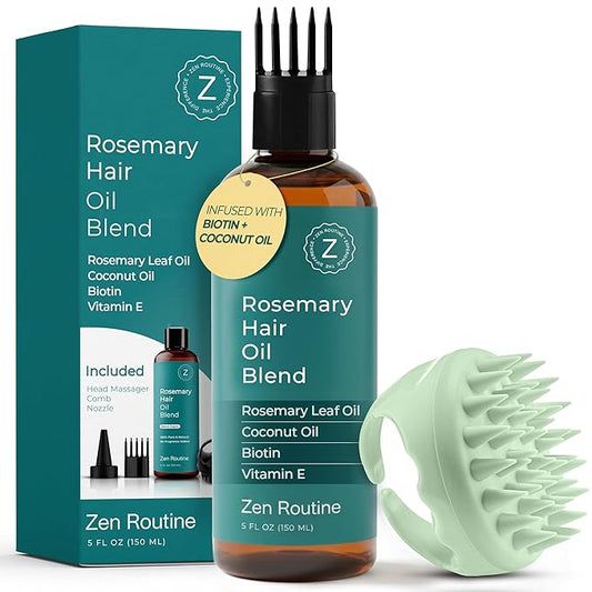 Rosemary Oil for Hair Growth + Head Massager Set | Strengthening Biotin + Coconut Oil – Hair Thickening Serum – Dry, Frizzy, Split Ends & Damaged Scalp Treatment – Color Safe, All Hair Types