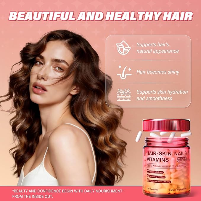Kereeao Biotin Supplement for Hair, Skin and Nails - Support Healthy Hair Growth for Women & Men - Strong Nails & Radiant Skin - with Biotin, Hyaluronic Acid, Vitamin C, D3 & K2-120 Capsules (1 Pack)