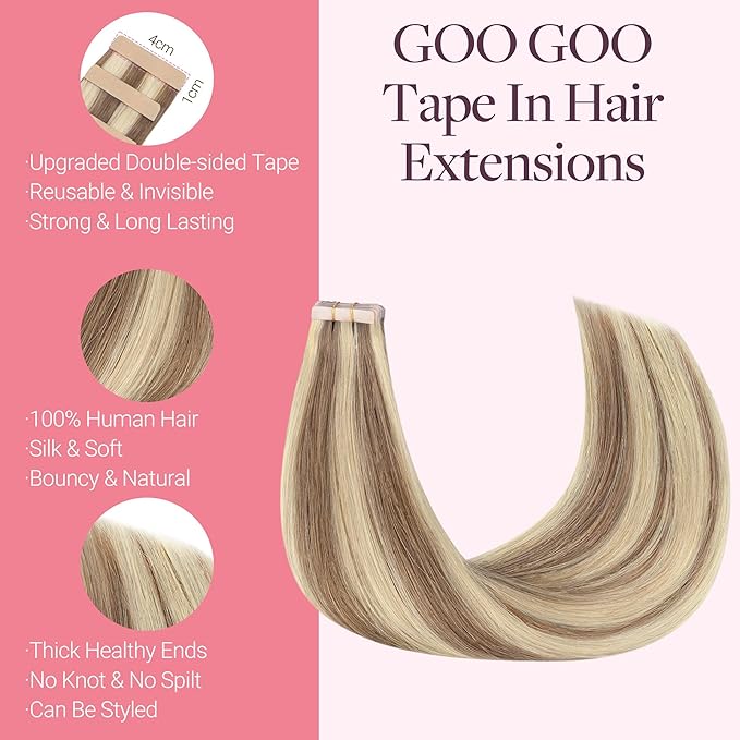 GOO GOO Tape in Hair Extensions Human Hair, 8B/60B Golden Blonde Highlights, 14inch 50g 20pcs, Skin Weft Seamless Invisible, Silky Straight with Thick Ends, Remy Human Hair