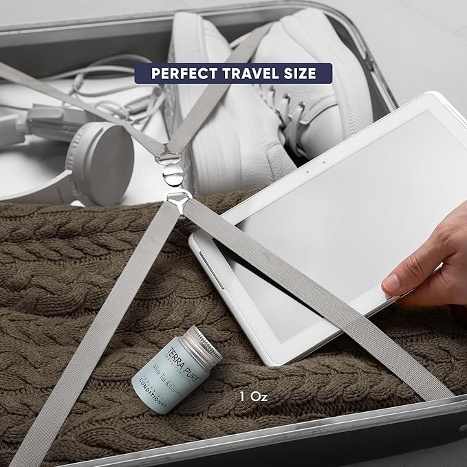 Travel Size Hotel Conditioner 100 Count 1oz Bottles Guest Amenities for Hotels Vacation Rentals & Short Term Rentals Paraben Free White Tea and Coconut Scent Infused with Aloe & Olive Oil | Terra Pure