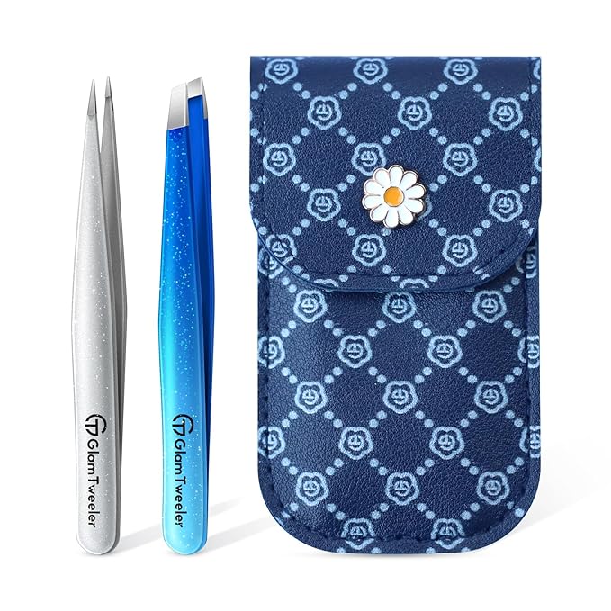 Expert Slant and Point Tip Tweezer Set with Exclusive Storage & Carrying Case, GlamTweeler Sharp & Precision Tweezer Set for Eyebrows, Facial Hairs & Fine Hairs Removal (Sparkle Royal Blue + Silver)