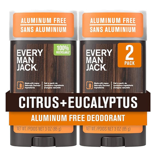 Every Man Jack Citrus + Eucalyptus Men’s Deodorant - Stay Fresh with Aluminum Free Deodorant For all Skin Types - Odor Crushing, Long Lasting, with Naturally Derived Ingredients - 3oz (2 Pack)
