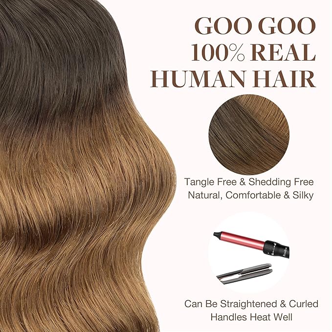 GOO GOO Tape in Hair Extensions Human Hair, 1D/2C/4E Chocolate Dip Color Melt, 14inch 100g 40pcs, Skin Weft Seamless Invisible, Silky Straight with Thick Ends, Remy Human Hair