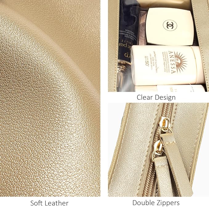 LETGO Clear Makeup Bags, TSA Approved Toiletry Bag with Zipper, Clear Makeup Organizer Fit Carry-on Travel Essentials,Clear Cosmetic Bags for Women Men (C-Gold)