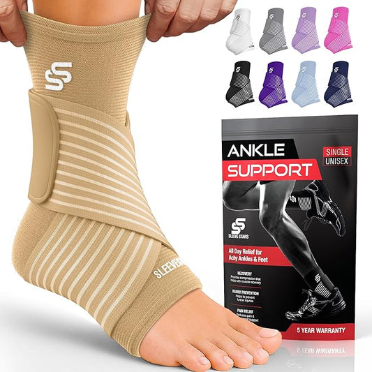 Sleeve Stars Ankle Brace for Women & Men, Ankle Wrap for Sprained Ankle, Compression Sleeve for Plantar Fasciitis Relief, Easy Customizable Support: w/Removable Strap (Single/S:9"-10"/Beige)