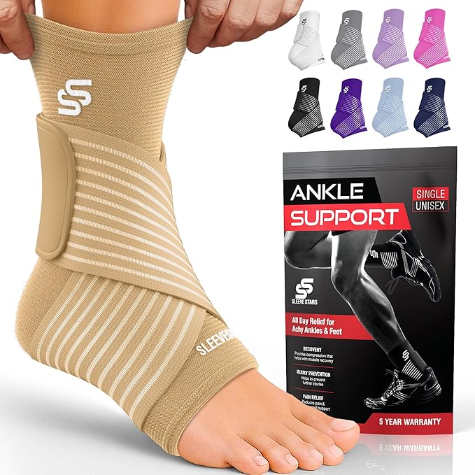 Sleeve Stars Ankle Brace for Women & Men, Ankle Wrap for Sprained Ankle, Compression Sleeve for Plantar Fasciitis Relief, Easy Customizable Support: w/Removable Strap (Single/M:10"-12"/Beige)