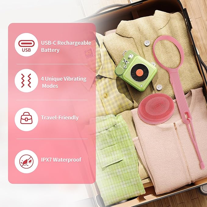 Bella Ciao Vibrating Shower Body & Face Scrubber for Women, 4 Vibrating Modes, Extendable Handle, Detachable Head – Silicone Massage Brush, USB-C Charging, IPX7 Waterproof (Pink)