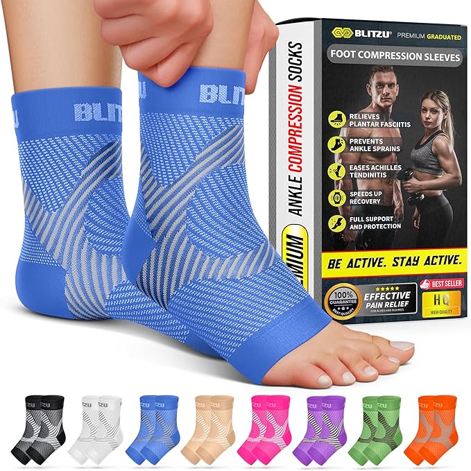 Compression Socks for Plantar Fasciitis, Achilles Tendonitis, Arthritis Relief, Ankle Brace Compression Sleeve with Foot Arch Support, Ankle Wrap for Women, Men, Swelling & Heel Pain Blue S-M
