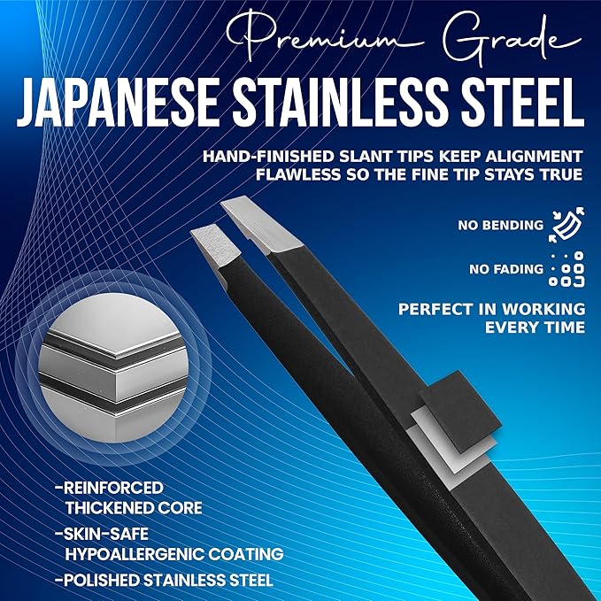 Stainless Steel Mini Slant Tweezer - Professional Precision Eyebrow Tweezers for Women & Men, Rust-Proof Travel Grooming Tool for Facial Hair Removal, Chin Hair & Ingrowns (Matt Black)