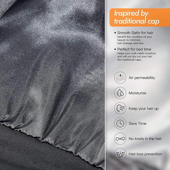 Silky Satin Lined Bonnet Sleep Cap - Adjustable Stay on All Night Hair Wrap Cover Slouchy Beanie for Curly Protection Women and Men Solid Black