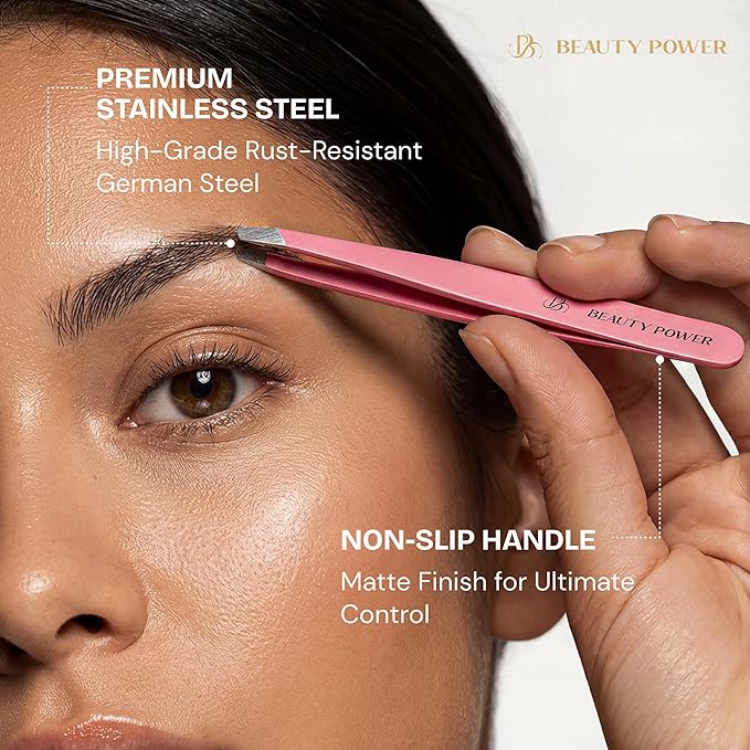 Professional Tweezers in Case - Slant, Durable Lightweight German Stainless Steel, Ultra Precision Tweezers for Eyebrows, Facial Hair, Chin, and Ingrown Hair Removal - Valentine's Gift