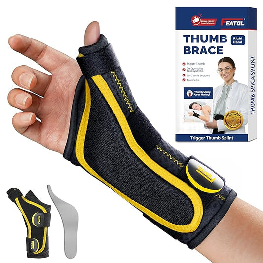 FEATOL Thumb Brace Right Hand - Ergonomic Support for Trigger Thumb, De Quervain's Tenosynovitis, Lightweight Wrist Brace for Carpal Tunnel, Size S/M, 5"-6.5"