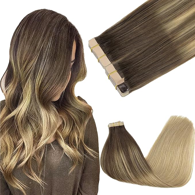 GOO GOO Tape in Hair Extensions Human Hair, 4/18 Balayage Chocolate Brown Highlighted Dirty Blonde, 24inch 100g 40pcs, Skin Weft Seamless Invisible, Silky Straight with Thick Ends, Remy Human Hair